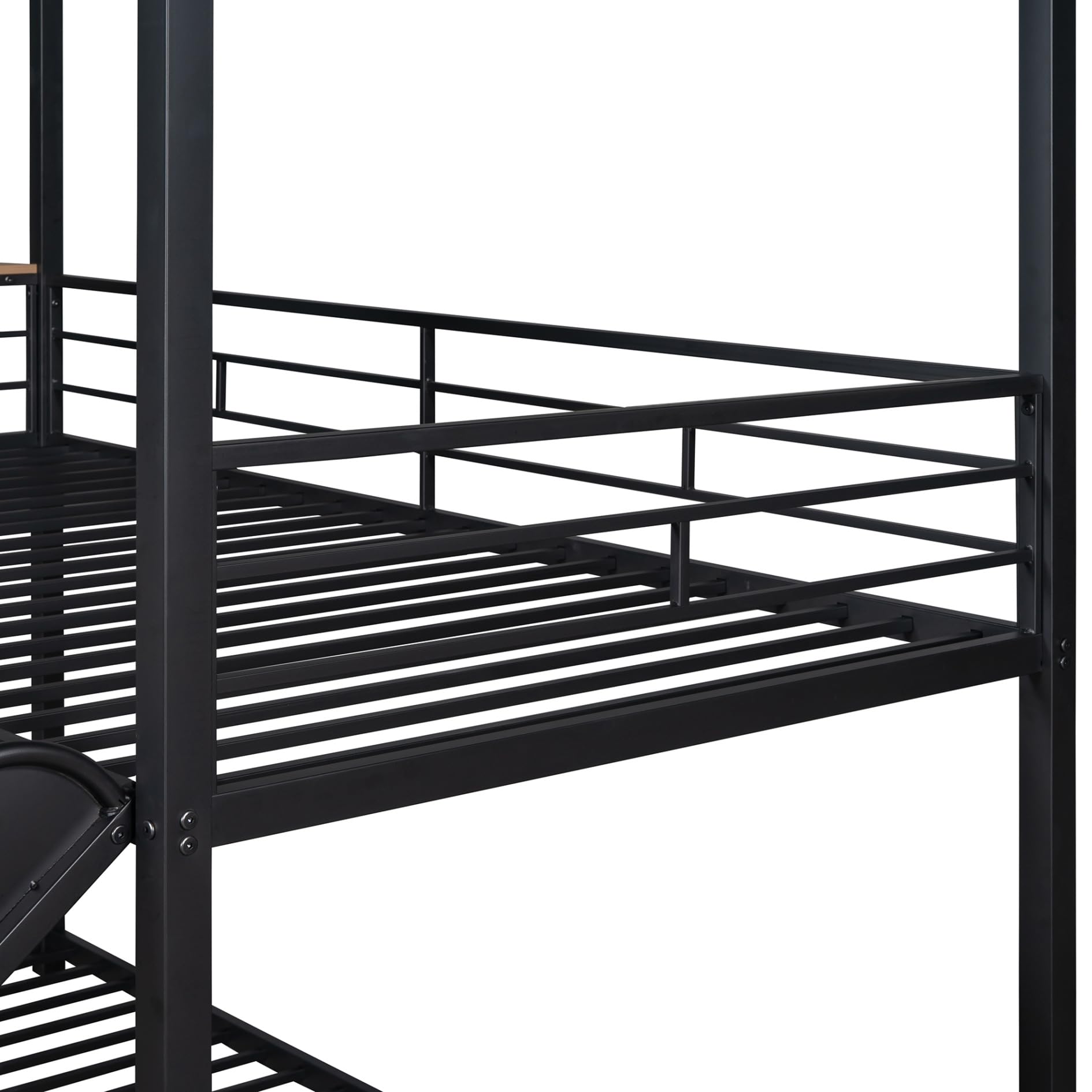 TURRIDU Twin Over Twin Size House Shape Bunk Bed, Modern Metal Housebed with Slide, Metal Slats, Safety Fence and Ladder, Window Pattern Design, Space-Saving, Easy Assembly, (Black with Black Slide)