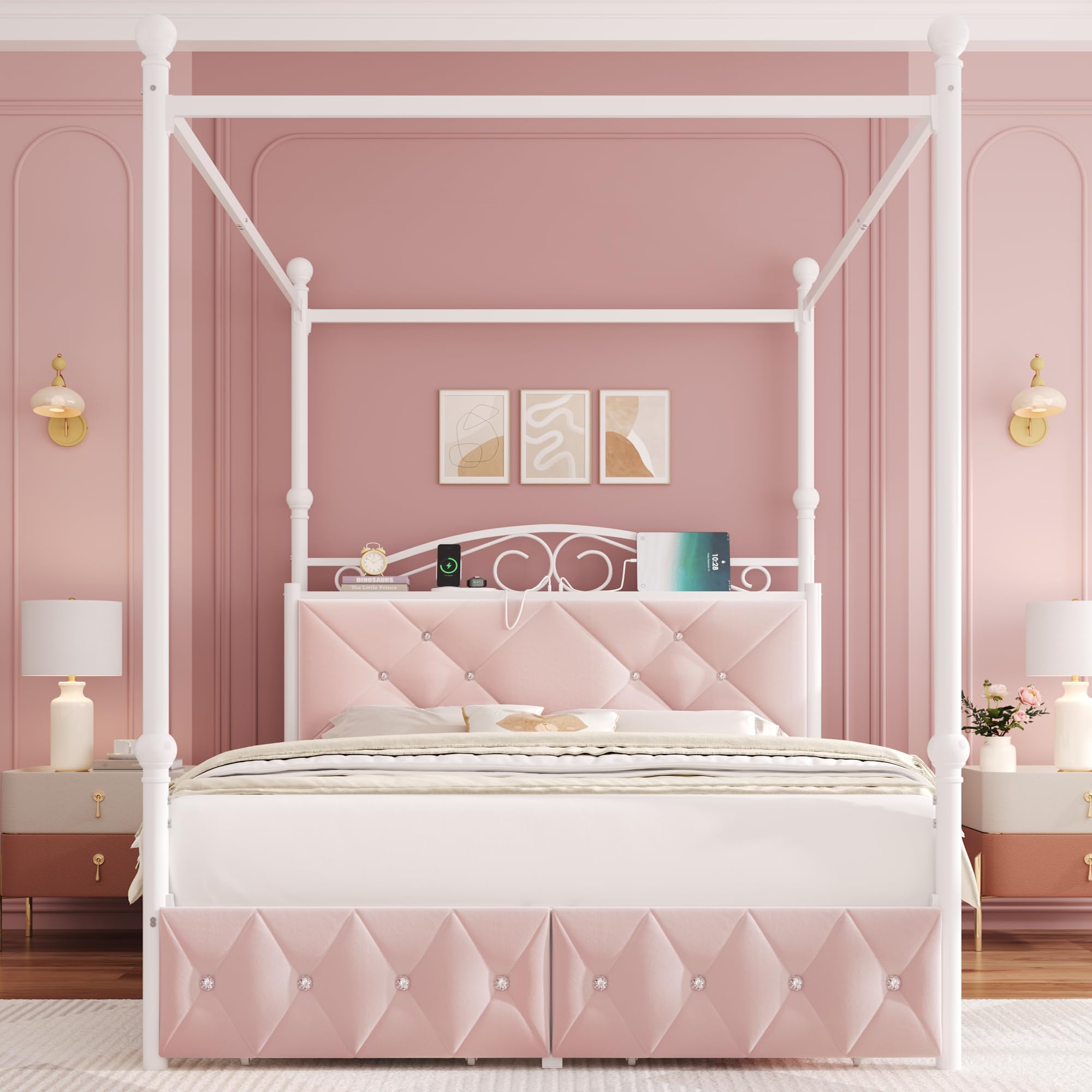 Full Upholstered Canopy Bed Frame with 2 Drawers & Crystal Tufted Storage Headboard Two-Purpose Metal Platform Bed with 4 Removable Posts & Charging Station Pink Princess Bed, Curtain Not Included