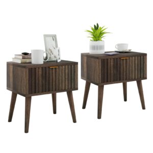 muuegm nightstands set of 2, mid century modern side table with drawers, small end table for living room, bedroom, office and small spaces, dark brown night stand with solid wood legs