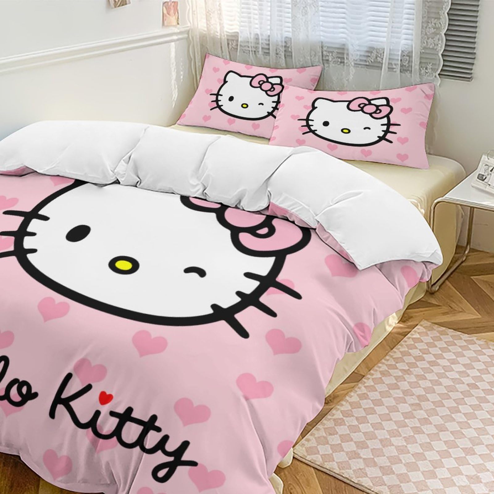 WNDKSQG Cartoon Bedding Set Kawaii Pink Cat Duvet Cover for Women Girls Cute Lightweight 3 Pieces Comforter Cover Sets with 1 Duvet Cover and 2 Pillowcases 218x177 cm