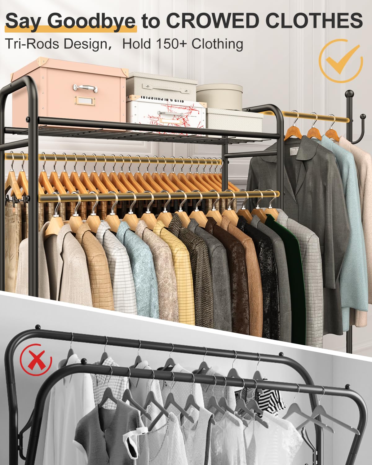 FYBEE 3-In-1 Clothes Racks For Hanging Clothes with Coat Rack, Heavy Duty Clothing Rack with Shelves Load 620Lbs, Portable Garment Racks with Lockable Wheels, Multi-Functional Closet Rack For Bedroom