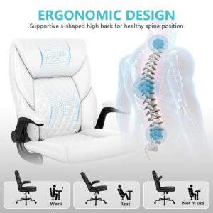 BestEra Office Chair, Executive Leather Chair Home Office Desk Chairs, Ergonomic Computer Desk Chair with Adjustable Flip-Up Arms, Lumber Support Swivel Task Chair with Rocking Function (White)