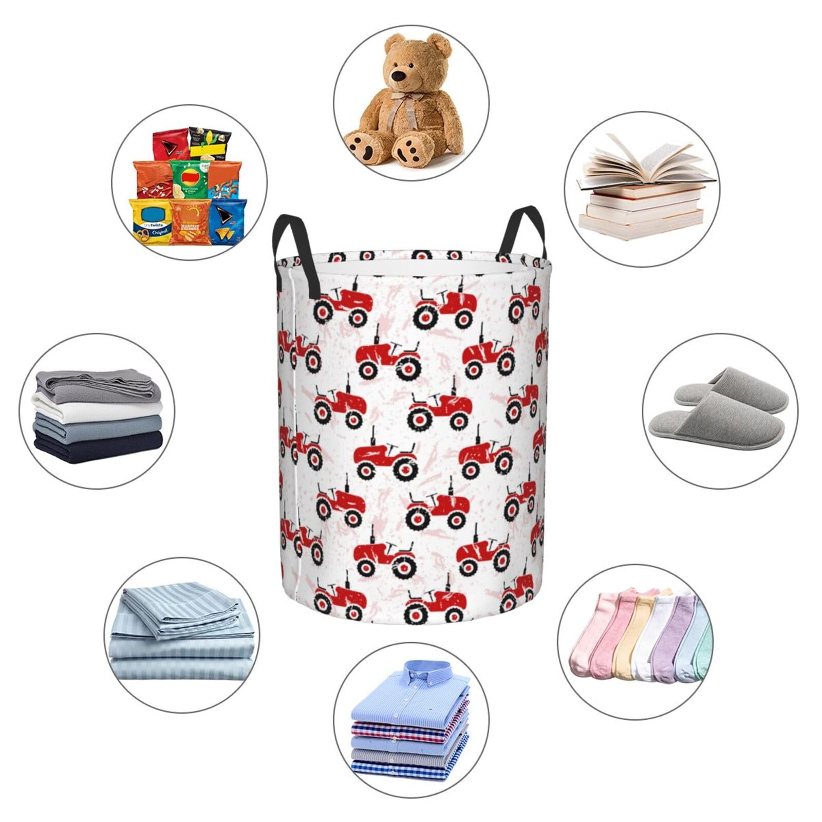 Collapsible Large Laundry Basket with Handles - Red Wheeled Tractors Baby Kids Dirty Clothes Hamper, Clothes Hampers for Bedroom Aesthetic, Nursery Hamper