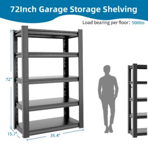 FLIXELIO 72" H Garage Shelving Heavy Duty Storage Shelves, 5 Tier Adjustable Steel Storage Racks for Garage, 2500LBS Load Metal Industrial Shelving Units, Utility Shelf Rack (72"*35.4"*15.7")