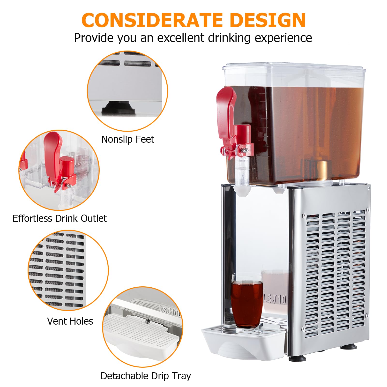 Towallmark Commercial Beverage Dispenser - 2.64 Gallon (10L) Juice Dispenser with 1 Tank, 180W Stainless Steel Iced Tea Drink Dispenser Featuring Food Grade Materials and Thermostat Controller