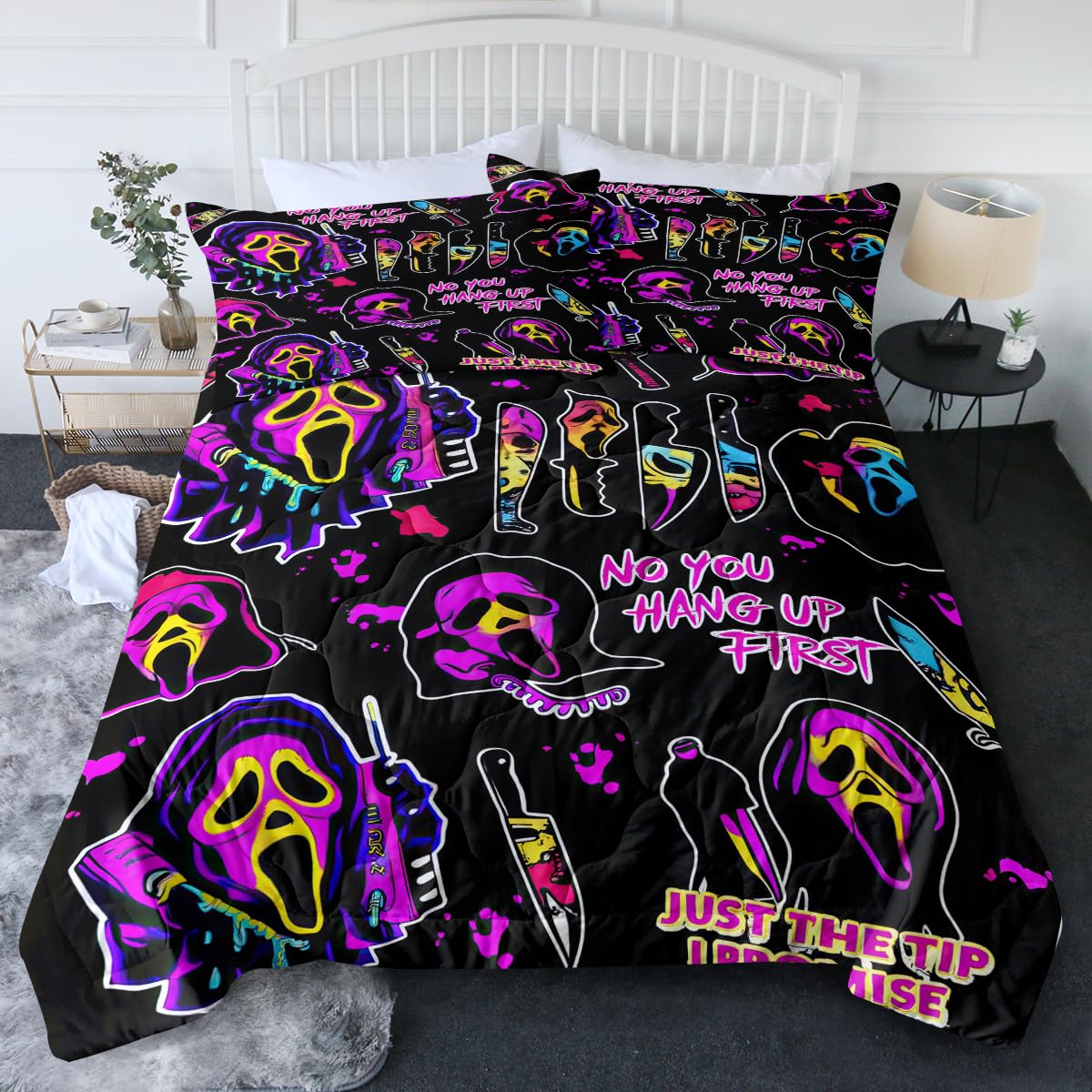 BlessLiving 3PCS Ghost Face Comforter Set Twin Size for Boys Girls Teen Bed Set Halloween Christmas Bedroom Decor Soft Warm Lightweight Design Bedding Set Include 1 Comforter and 2 Pillow Shams