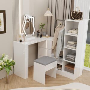 ARTETHYS Vanity Desk with Mirror and Lights White Makeup Desk with Storage Chair and Drawers Corner Vanity Table Set with Hanger and Storage Shelves