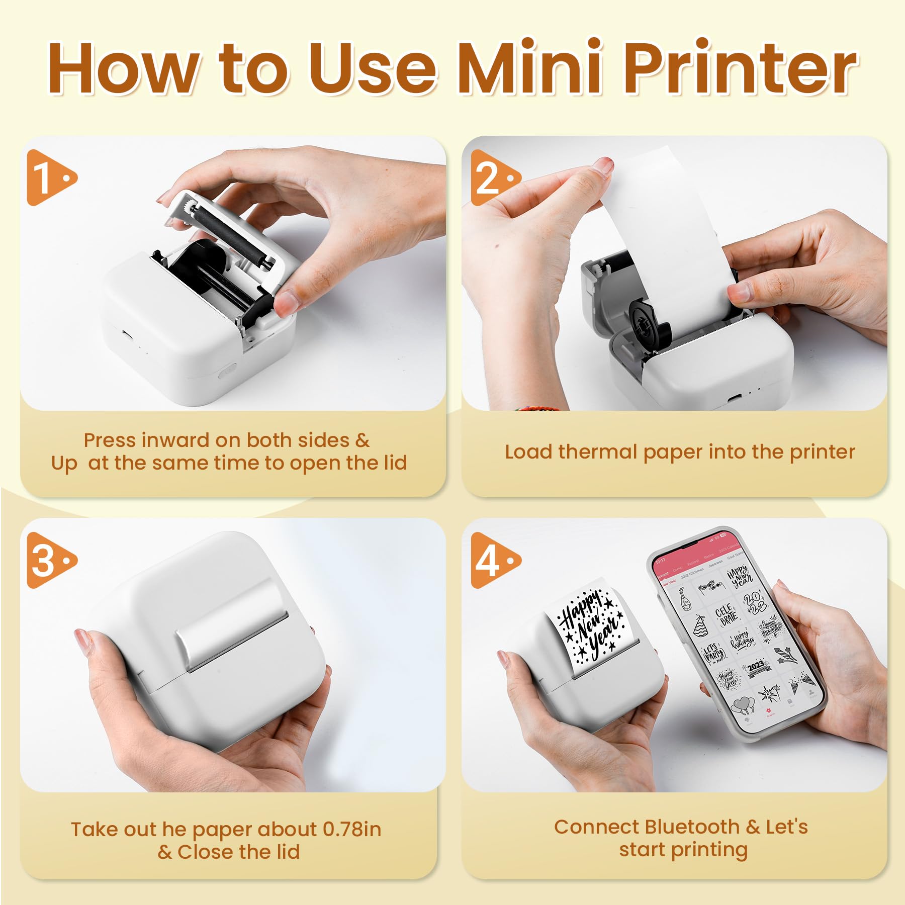 NelkoGlobal Mini Sticker Printer with 3 Rolls of 50mm*3.5m Green/Purple/Orange Self-Adhesive Thermal Printer Paper