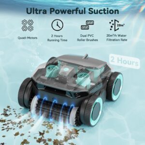 Cordless Robotic Pool Cleaner - Automatic Pool Vacuum Robot with Wall Climbing - 120 Mins Runtime, Quad-Motor Powerful Suction, Self-Parking, for In Ground Pool Up to 1500 sq. ft, Black