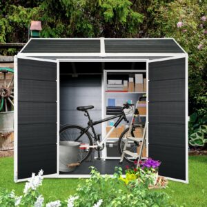 Resin Outdoor Storage Shed, Outdoor Storage Shed with Double Window & Floor to Store Patio Furniture, Garden Tools Bike Accessories, Beach Chairs and Lawn Mower (Black, 8ft*4ft)