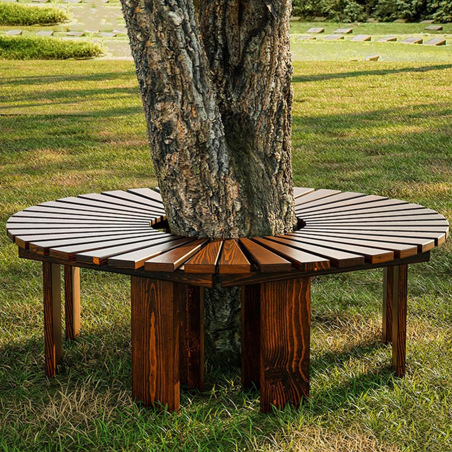 Tree Bench Wrap Around Outdoor Courtyard Bench Wooden Curved Benches Round Park Bench Outdoor Furniture,Solid Wood ​Slatted Seat Fan-Shaped Bench,Garden Tree Bench Backless Bench Patio