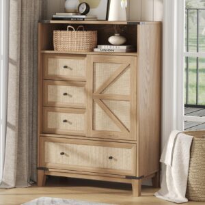 maupvit rattan 4 drawers dresser for bedroom, modern chest of drawers with sliding barn door, 47" tall wood drawer organizer with open storage for bedroom, living room, hallway, natural oak