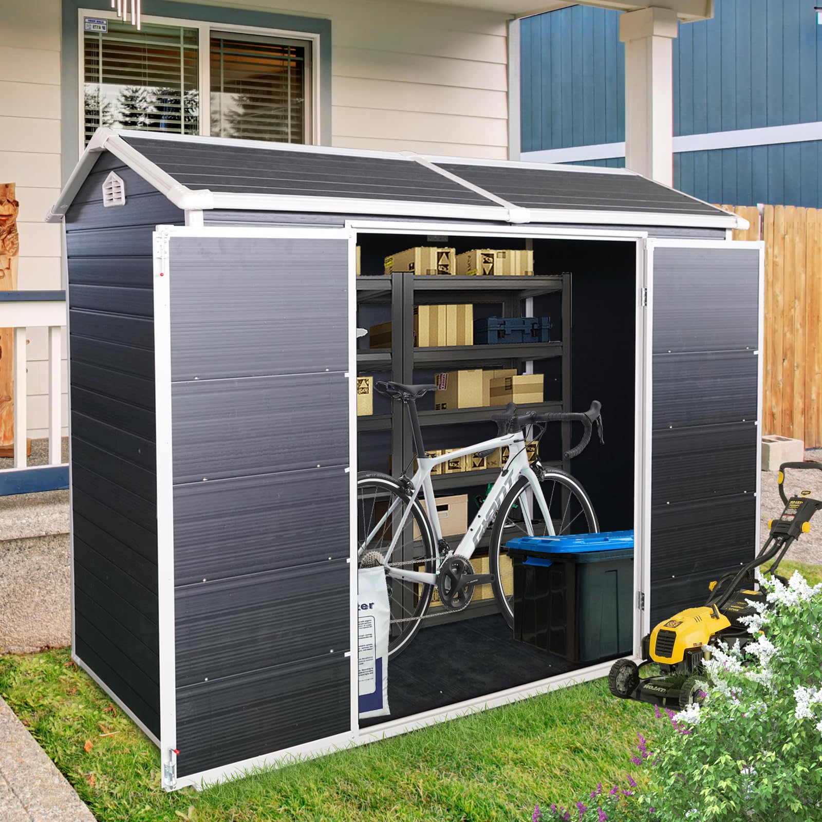 Resin Outdoor Storage Shed, Outdoor Storage Shed with Double Window & Floor to Store Patio Furniture, Garden Tools Bike Accessories, Beach Chairs and Lawn Mower (Black, 8ft*4ft)