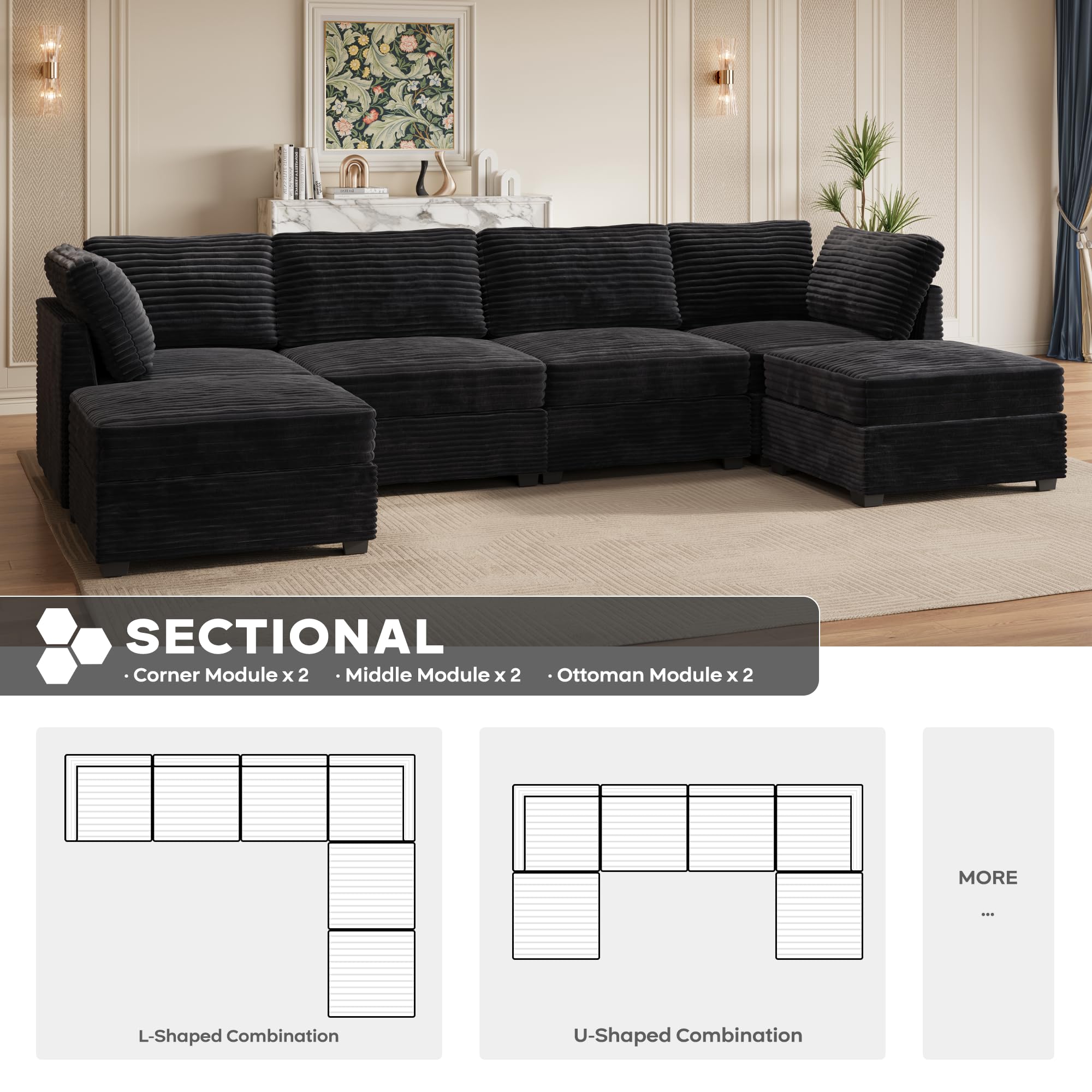 130'' Modern Modular Sectional Sofa with Movable Ottomans,4 Seats Cloud Comfort Corduroy Fluffy Couch,L Shaped Convertible Sofa Couch for Living Room,Black