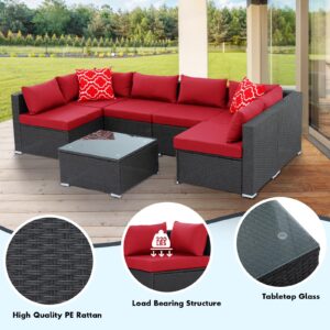 YIORTWO 7 Pieces Patio Furniture Set Conversation Furniture Sets, Outdoor Wicker Patio Sectional Furniture with Waterproof Cushions and Coffee Table for Backyard Lawn Garden Porch Poolside, Red