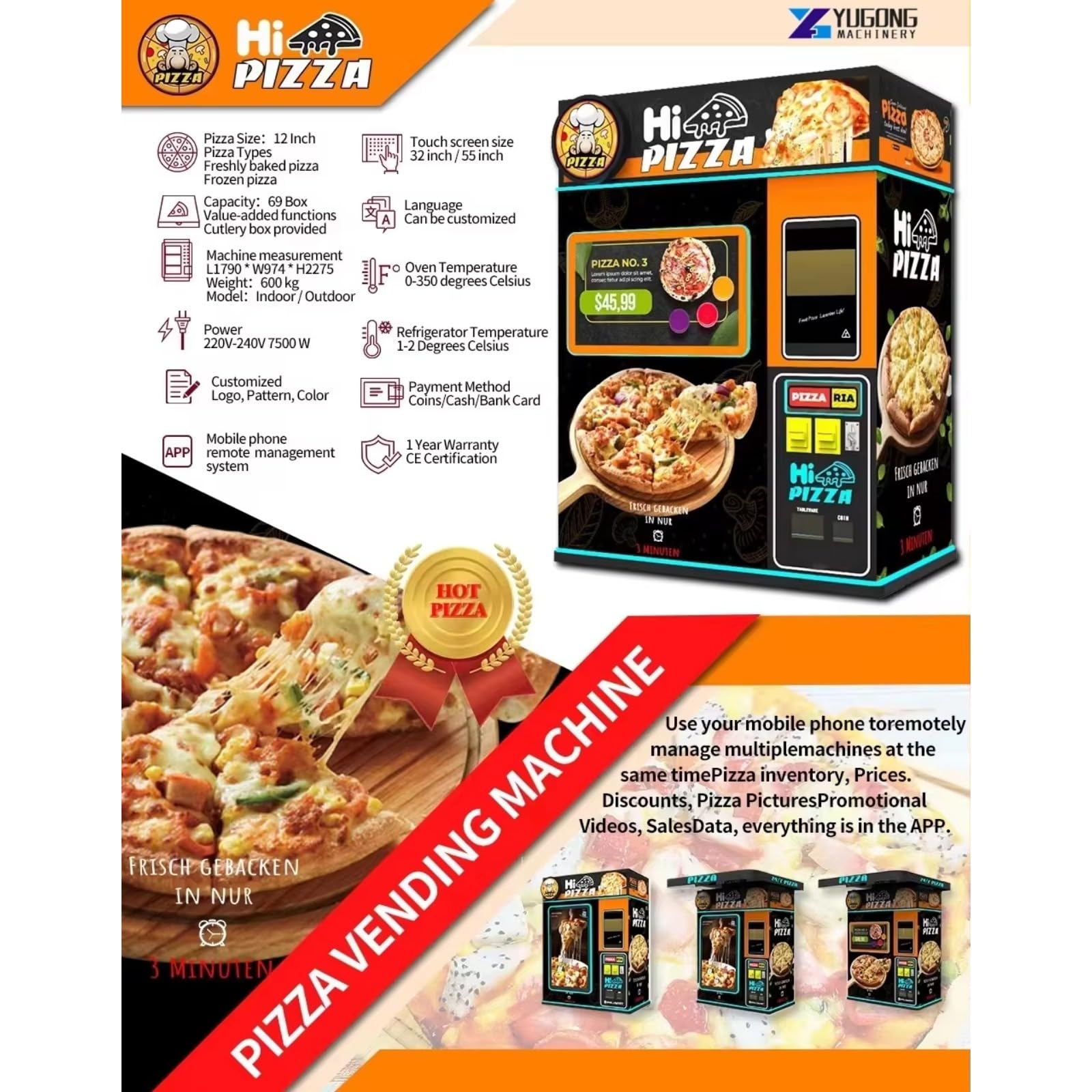 Heated Hot Food Pizza Hamburger Sandwich Vending Machine Automatic with Touch Screen Pizza Maker