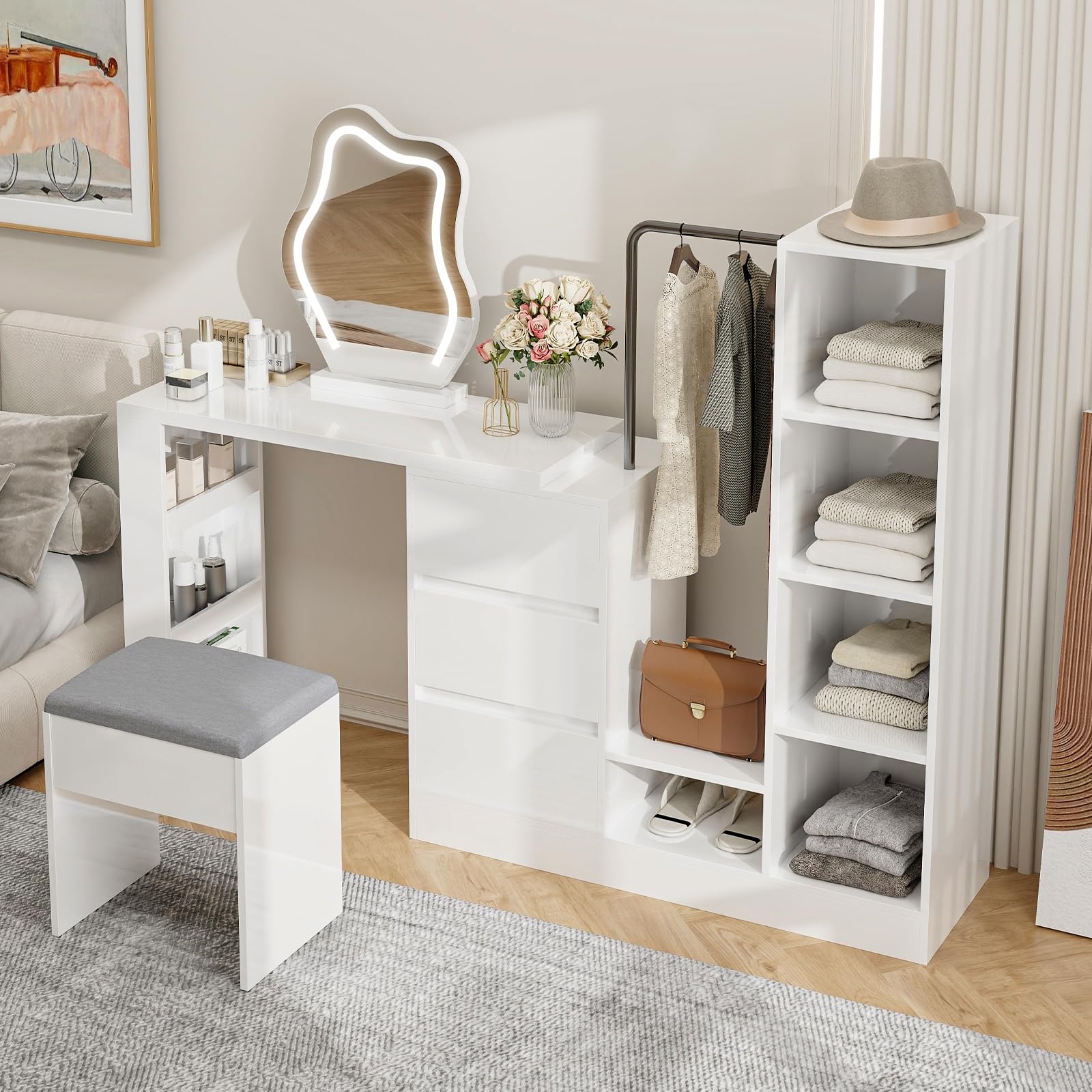 ARTETHYS Vanity Desk with Mirror and Lights White Makeup Desk with Storage Chair and Drawers Corner Vanity Table Set with Hanger and Storage Shelves