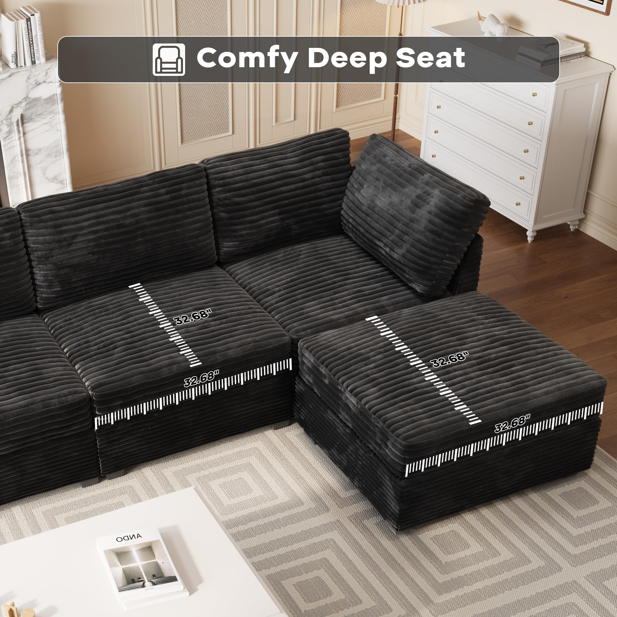 130'' Modern Modular Sectional Sofa with Movable Ottomans,4 Seats Cloud Comfort Corduroy Fluffy Couch,L Shaped Convertible Sofa Couch for Living Room,Black