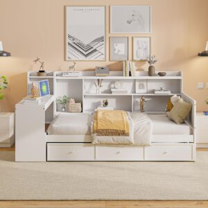 Multi-Functional Twin Size Daybed with Storage Shelves and Study Desk, Wooden DayBed Sofa Bed Frame with 3 Drawers and USB Ports for Office Living Room Bedroom, Maximize Space (White-V5, Twin)