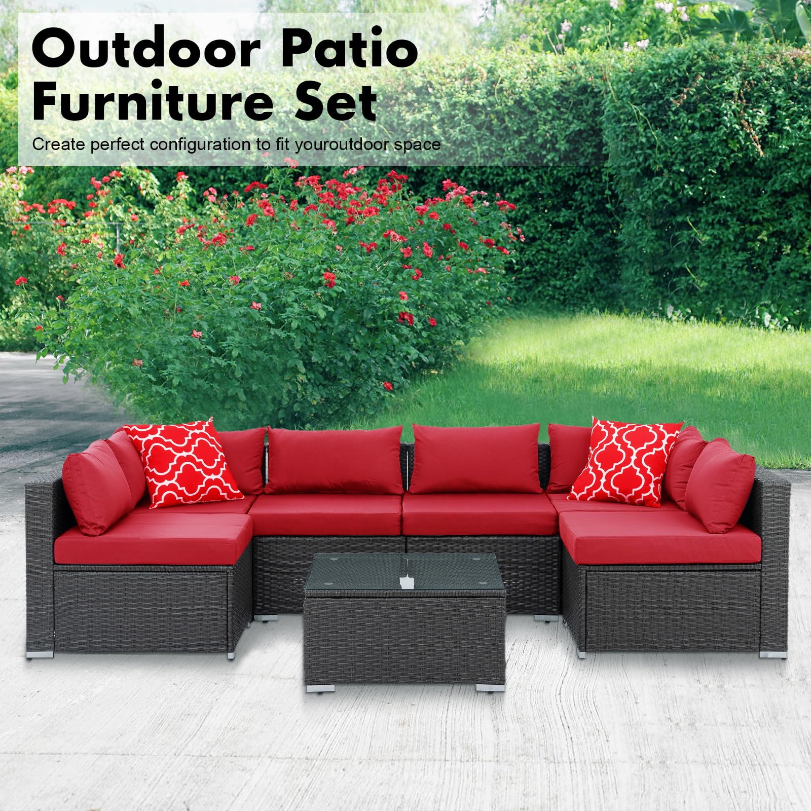 YIORTWO 7 Pieces Patio Furniture Set Conversation Furniture Sets, Outdoor Wicker Patio Sectional Furniture with Waterproof Cushions and Coffee Table for Backyard Lawn Garden Porch Poolside, Red