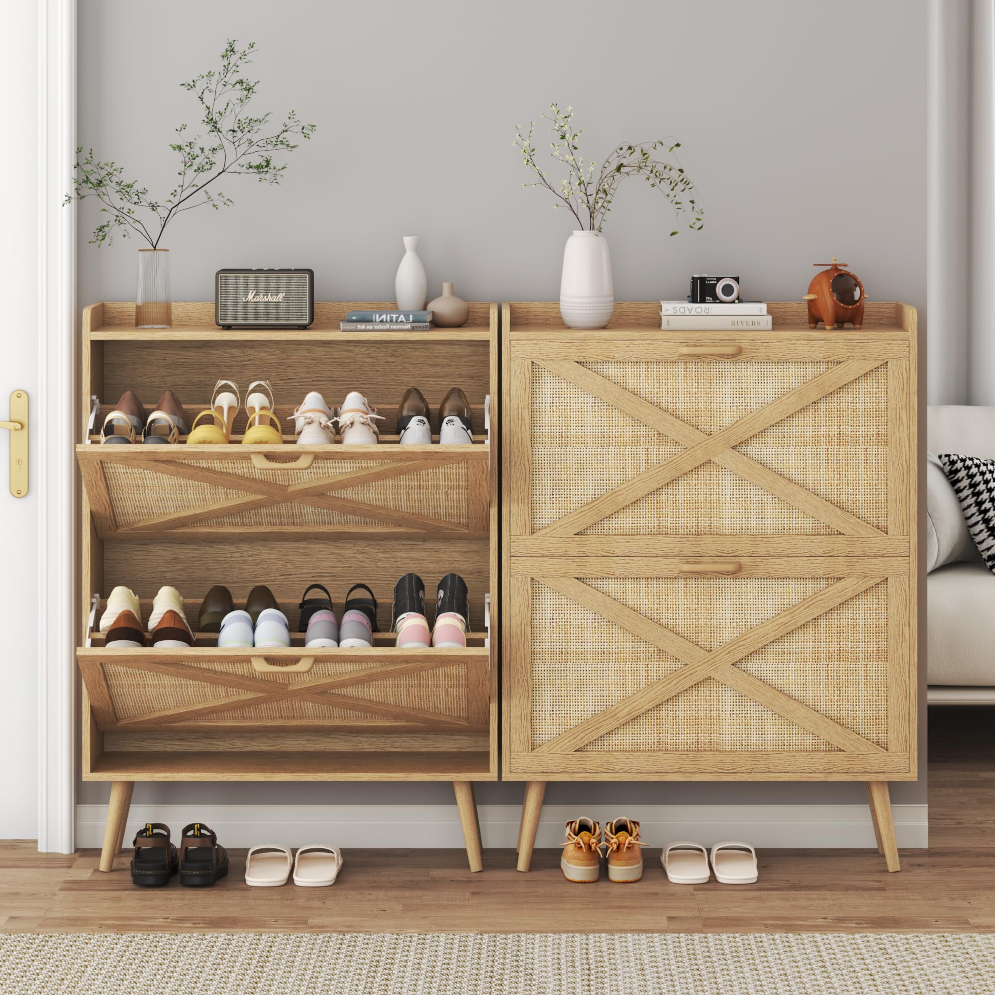 METOTI Rattan Shoe Cabinet with 2 Flip Drawers,Modern Hidden Shoe Storage Cabinet for Entryway,Shoe Organizer Rack Cabinet with Open Doors & Legs.