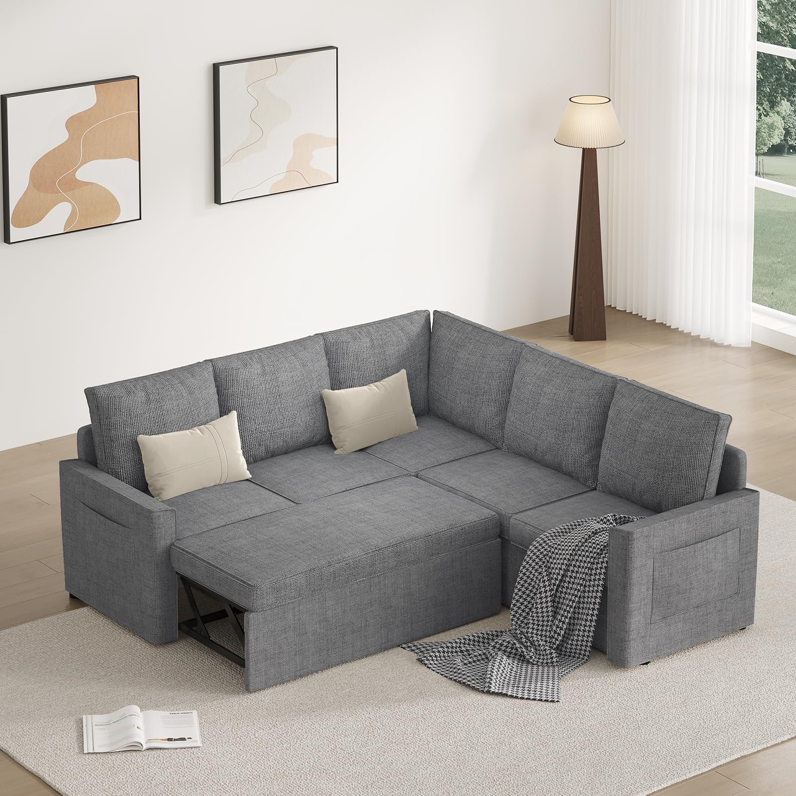 L Shaped Sectional Sofa with Pull Out Bed, Premium Modern Linen Modular Sectional Sofa, Large Slim Sofa Convertible Sleeper Couch Bed, Certified Large 5 Seat Sectional Couch for Living Room, Gray