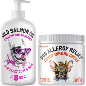 wild alaskan salmon oil for dogs & cats 8 oz and allergy relief 120 chews for dogs & immune & digestive supplement with wild salmon oil