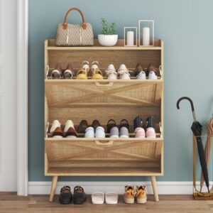 METOTI Rattan Shoe Cabinet with 2 Flip Drawers,Modern Hidden Shoe Storage Cabinet for Entryway,Shoe Organizer Rack Cabinet with Open Doors & Legs.