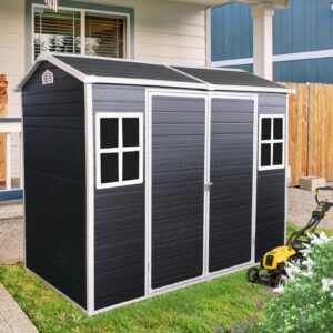 resin outdoor storage shed, outdoor storage shed with double window & floor to store patio furniture, garden tools bike accessories, beach chairs and lawn mower (black, 8ft*4ft)