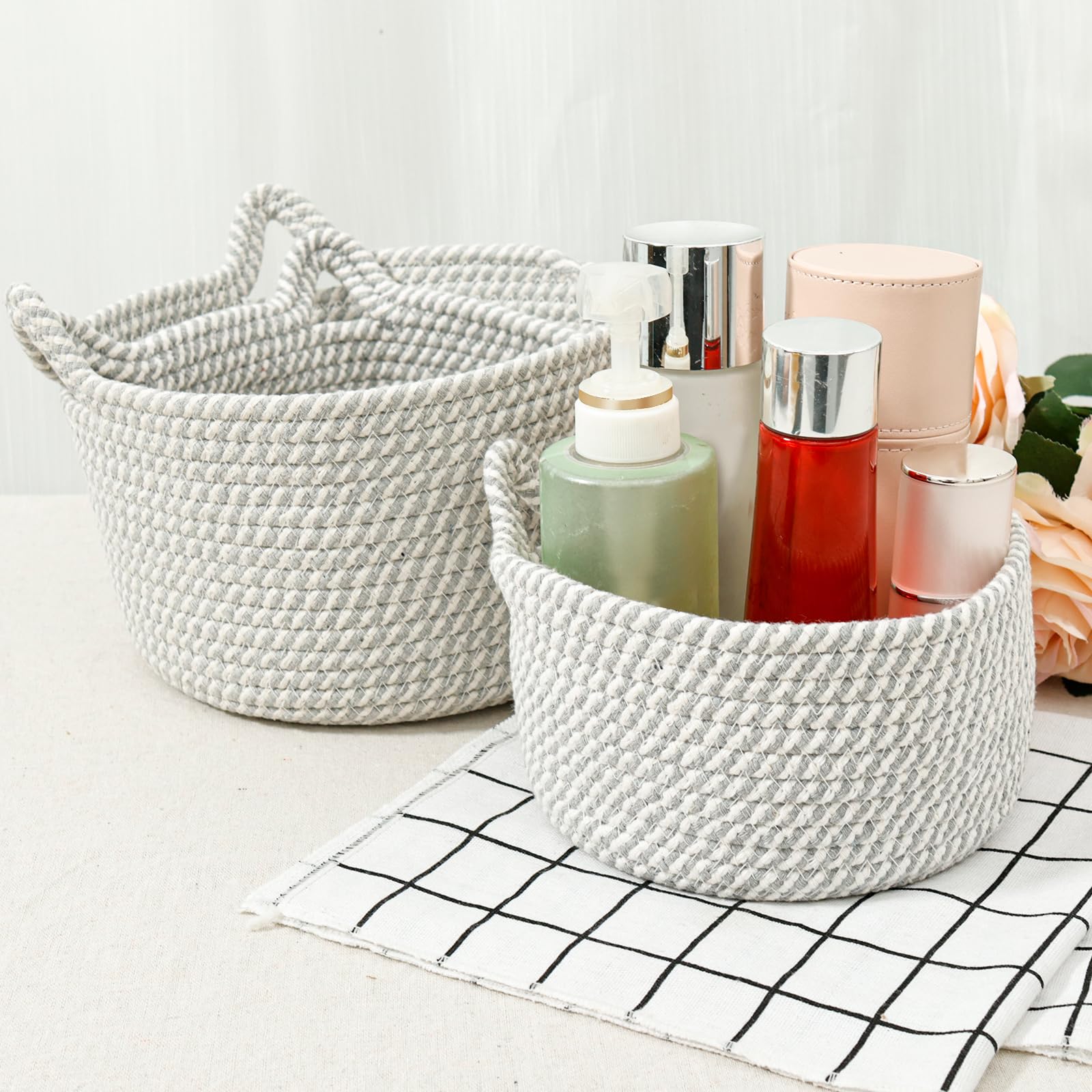 Hevtsde 3PCS Small Woven Basket - Cotton Rope Woven Baskets, Cute Woven Storage Basket, Small Baskets for organizing, Multifunctional Storage Baskets for Cosmetics Snacks Toys (Gray)