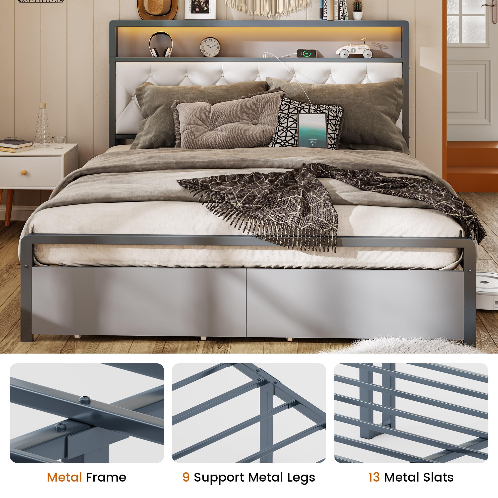 QFP Full Bed Frame,Bed Frame Full Size with Headboard and 2-Tier Storage,Metal Platform Bed Frame with 2 Drawers & Charging Station & LED Lights,Noise-Free/Metal Support/No Box Spring Needed,Grey