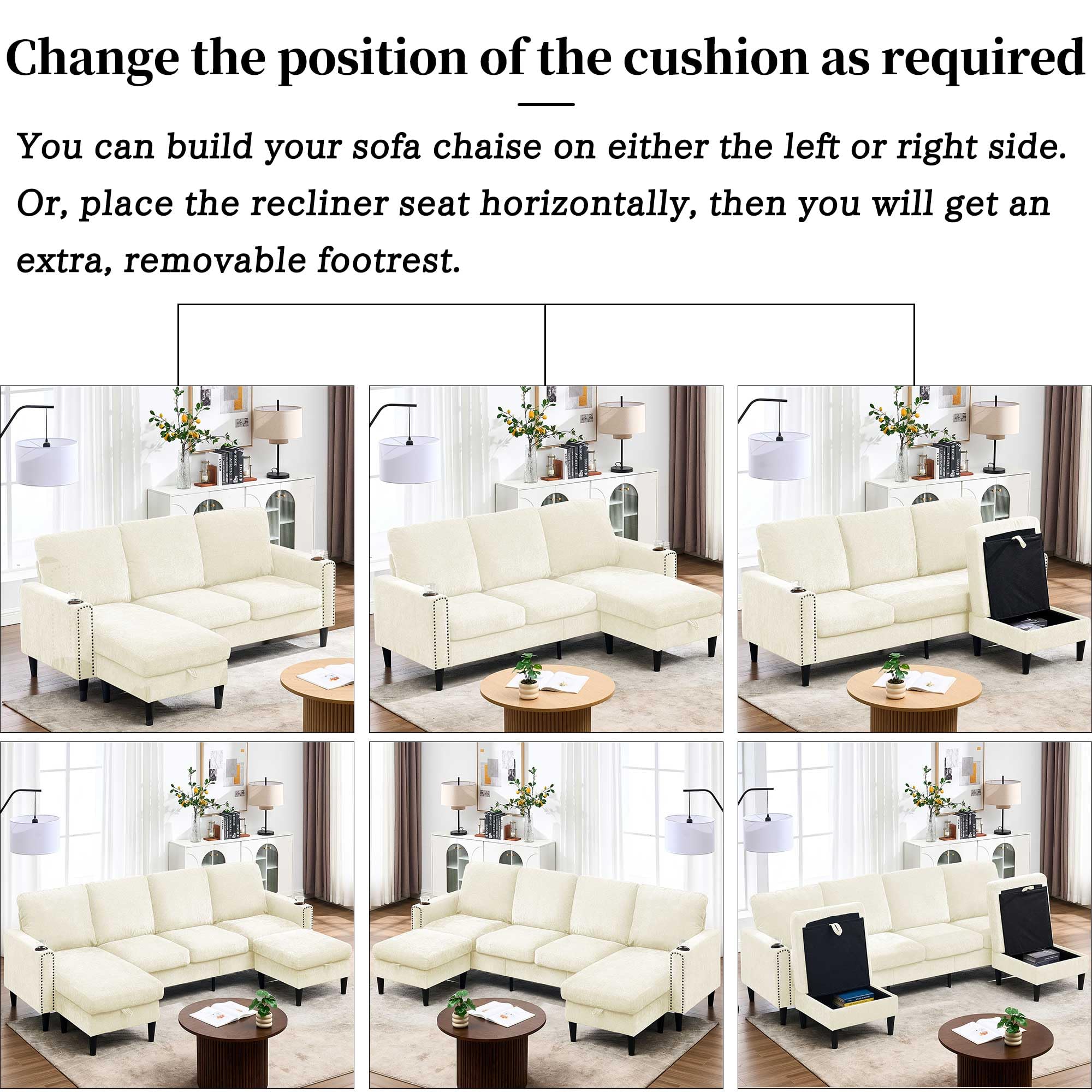 NORDICANA 3-Seat Sectional Sofa Set with Storage Chaise, L Shaped Modular Couch for Living Room, 2 Cupholders, Detachable Cover, Off White Chenille