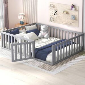 harper & bright designs full size floor bed with rails,montessori floor bed wood frame with fence and door, for kids girls boys-gray