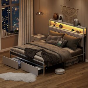 qfp full bed frame,bed frame full size with headboard and 2-tier storage,metal platform bed frame with 2 drawers & charging station & led lights,noise-free/metal support/no box spring needed,grey