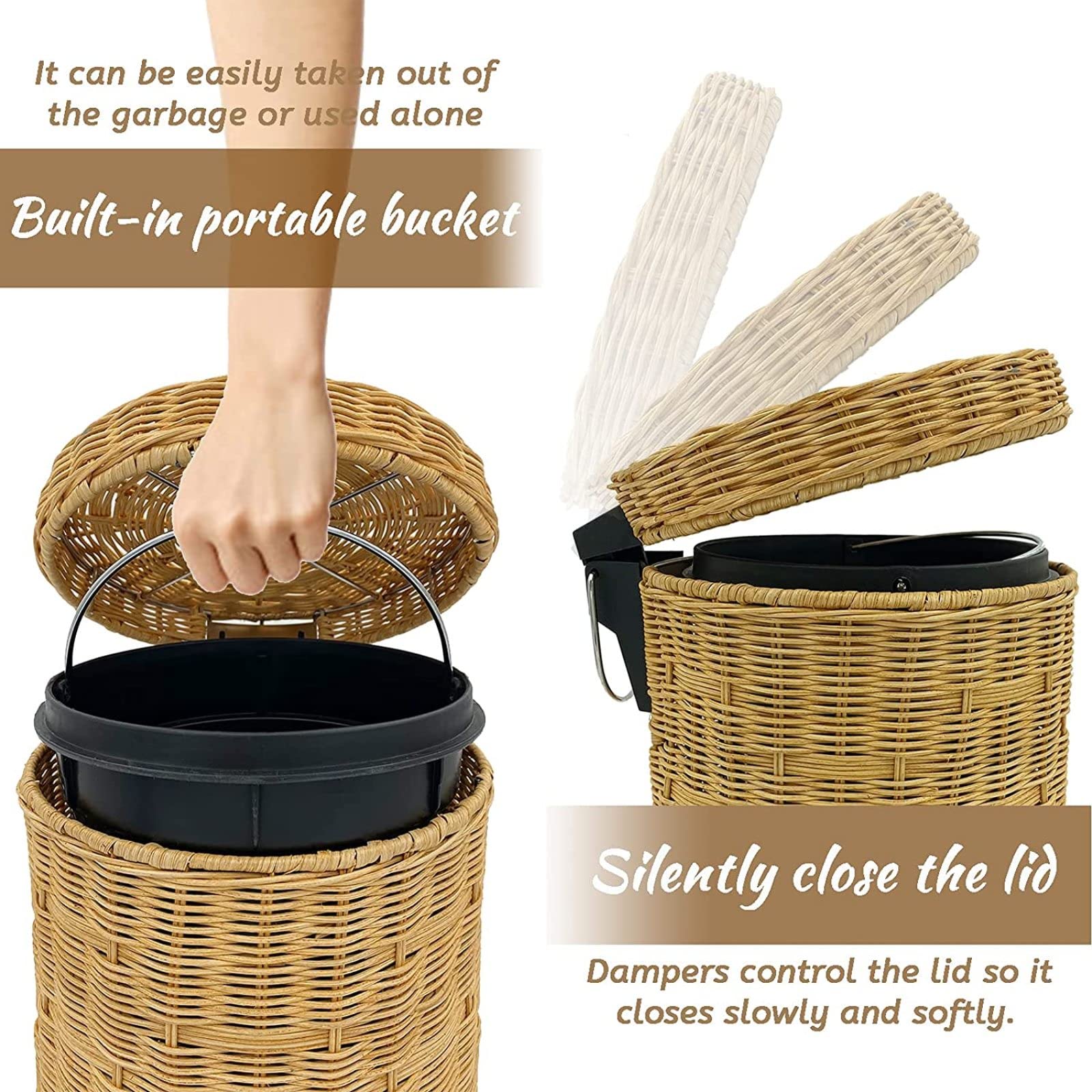 Round wicker dustbin with cover,hand woven foot type Trash Can,with Removable Inner Bucketseparated dustbin in office and living room, waste paper basket, slow-drop dustbin in kitchen and toilet