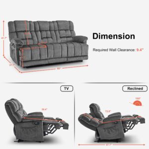 MCombo Power Reclining Sofa with Drop Down Table, Heat and Vibration, USB Ports, 3 Seat Dual Recliner Couch for Living Room RS6236 (Grey)