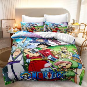 jklwoawr anime one 3d monkey printed piece duvet cover, d. luffy pillowcase, bedding three piece set, soft ultra-fine fiber zipper closure three piece set