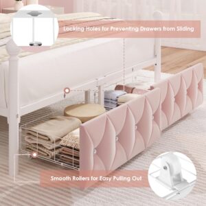 Full Upholstered Canopy Bed Frame with 2 Drawers & Crystal Tufted Storage Headboard Two-Purpose Metal Platform Bed with 4 Removable Posts & Charging Station Pink Princess Bed, Curtain Not Included