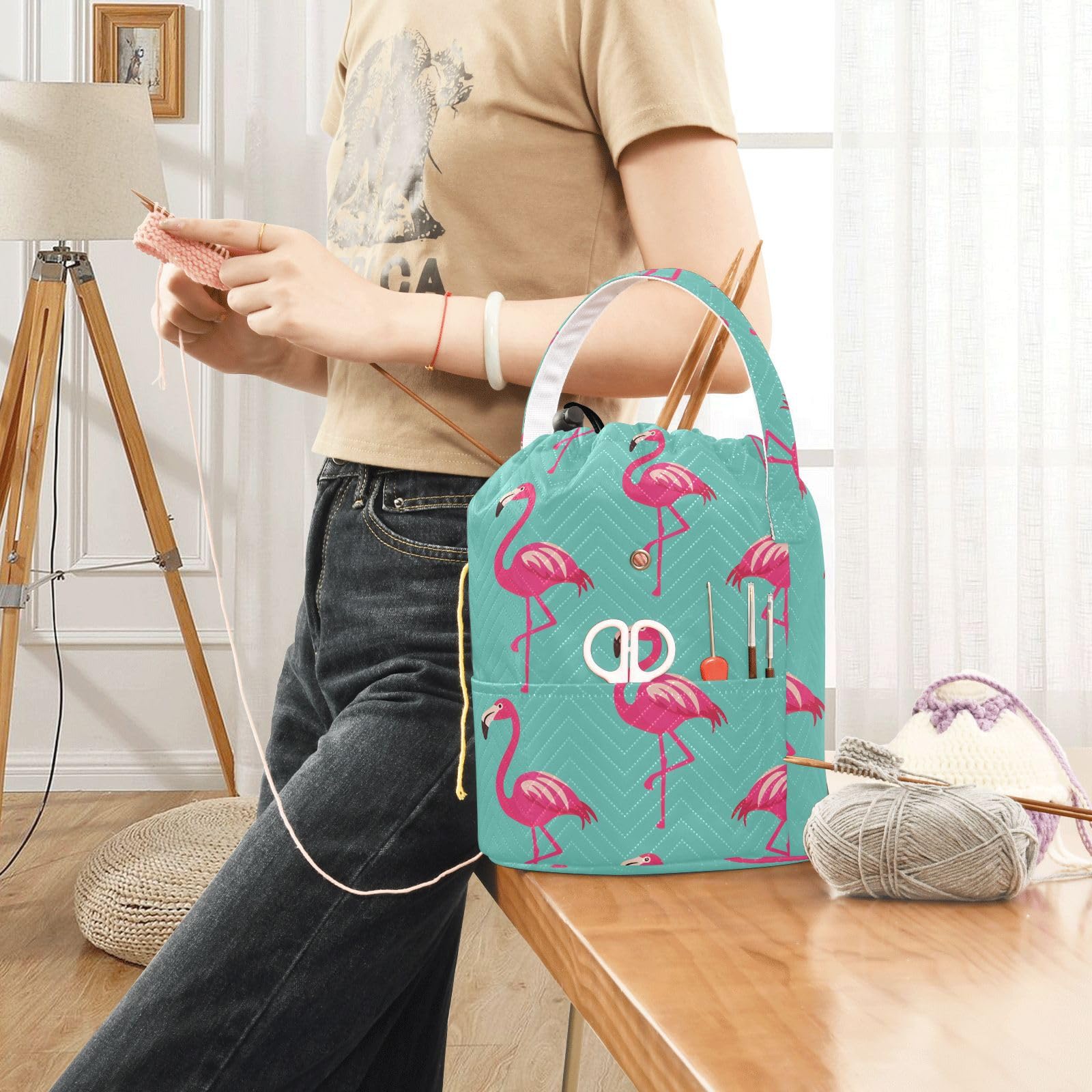 Lovely Flamingos Teal Crochet Bag Organizer Yarn Storage Bag Yarn Holder Knitting Bag Crochet Accessories with Pockets Portable for Knitting Kit Supplies Travel