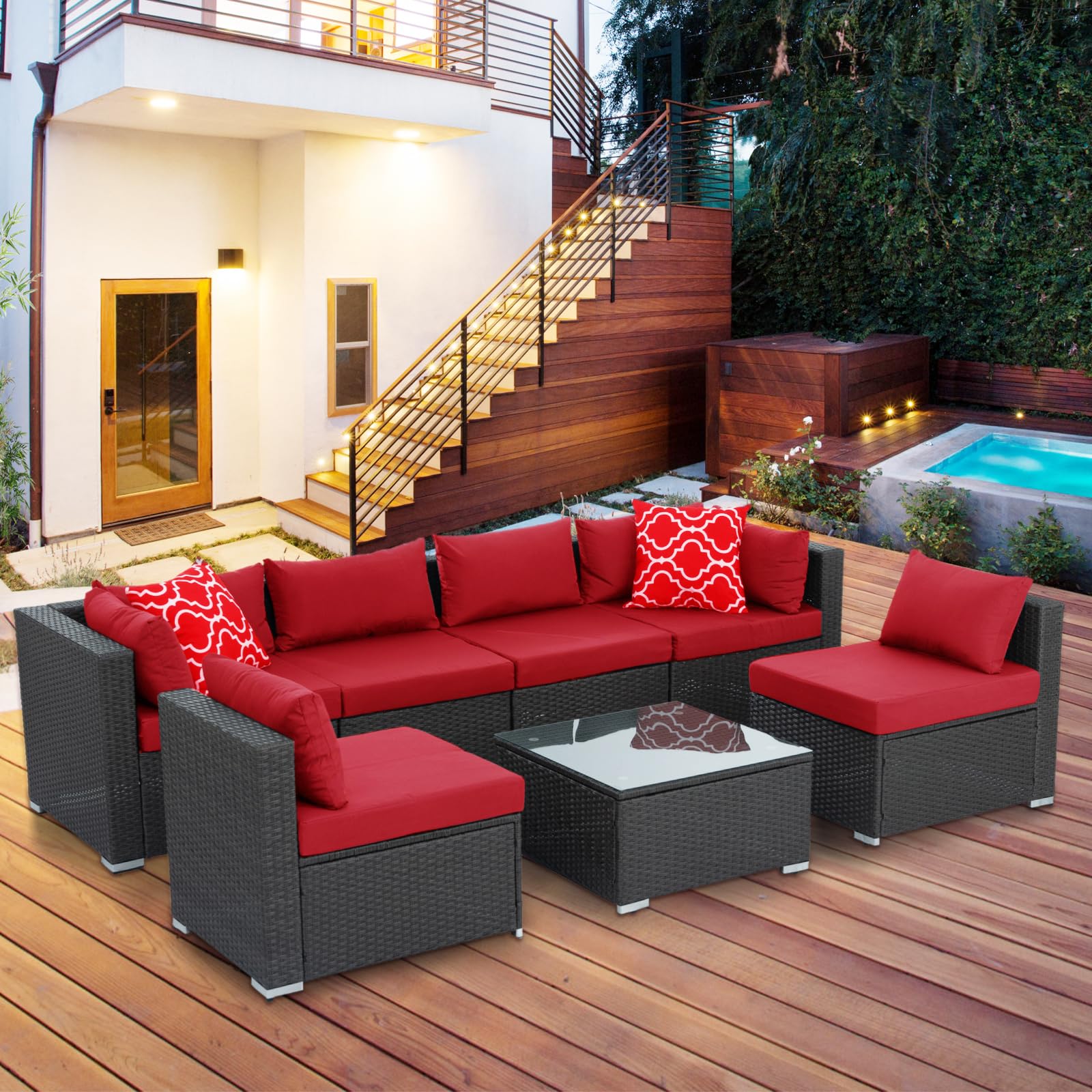 YIORTWO 7 Pieces Patio Furniture Set Conversation Furniture Sets, Outdoor Wicker Patio Sectional Furniture with Waterproof Cushions and Coffee Table for Backyard Lawn Garden Porch Poolside, Red