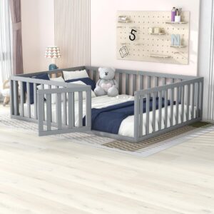 Harper & Bright Designs Full Size Floor Bed with Rails,Montessori Floor Bed Wood Frame with Fence and Door, for Kids Girls Boys-Gray