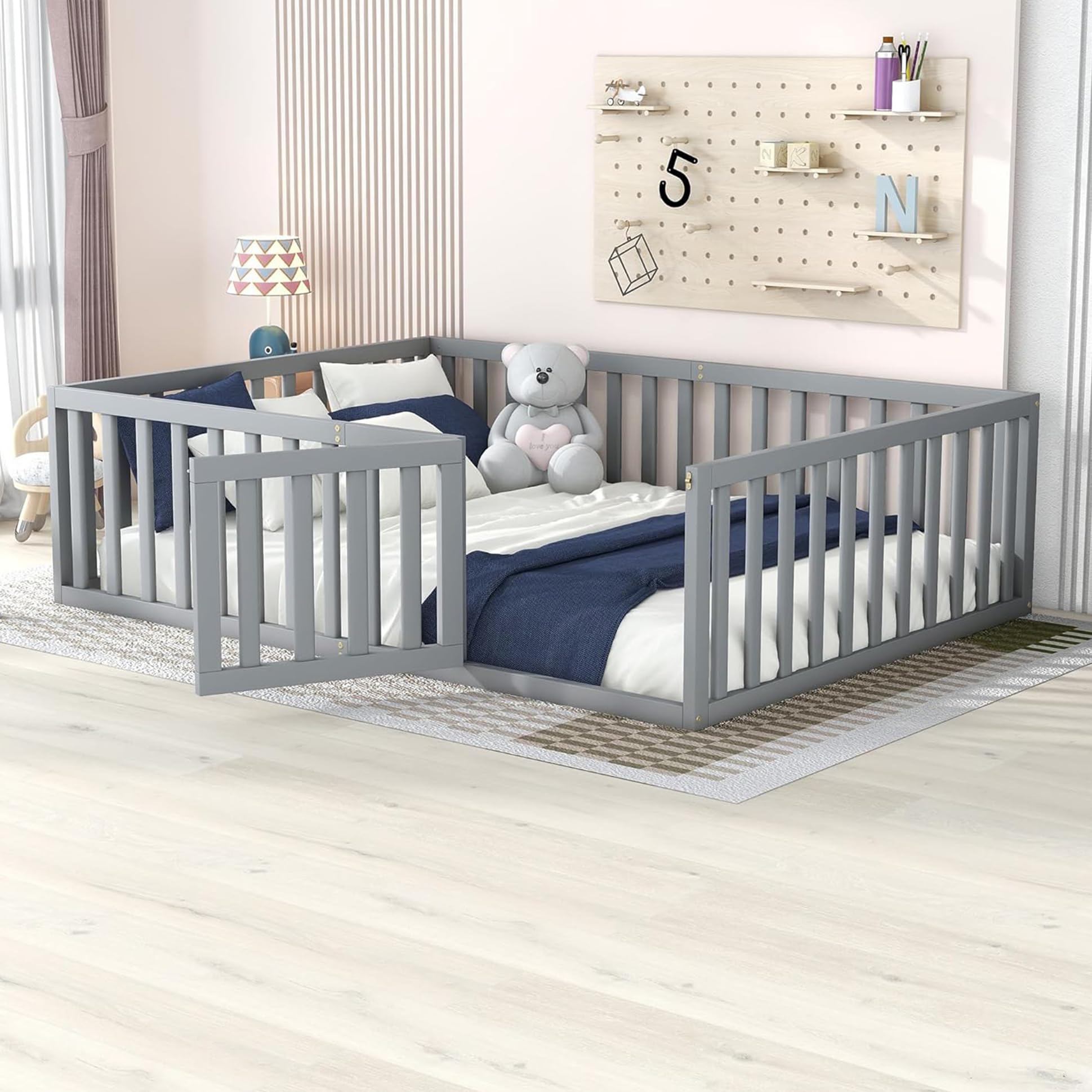 Harper & Bright Designs Full Size Floor Bed with Rails,Montessori Floor Bed Wood Frame with Fence and Door, for Kids Girls Boys-Gray