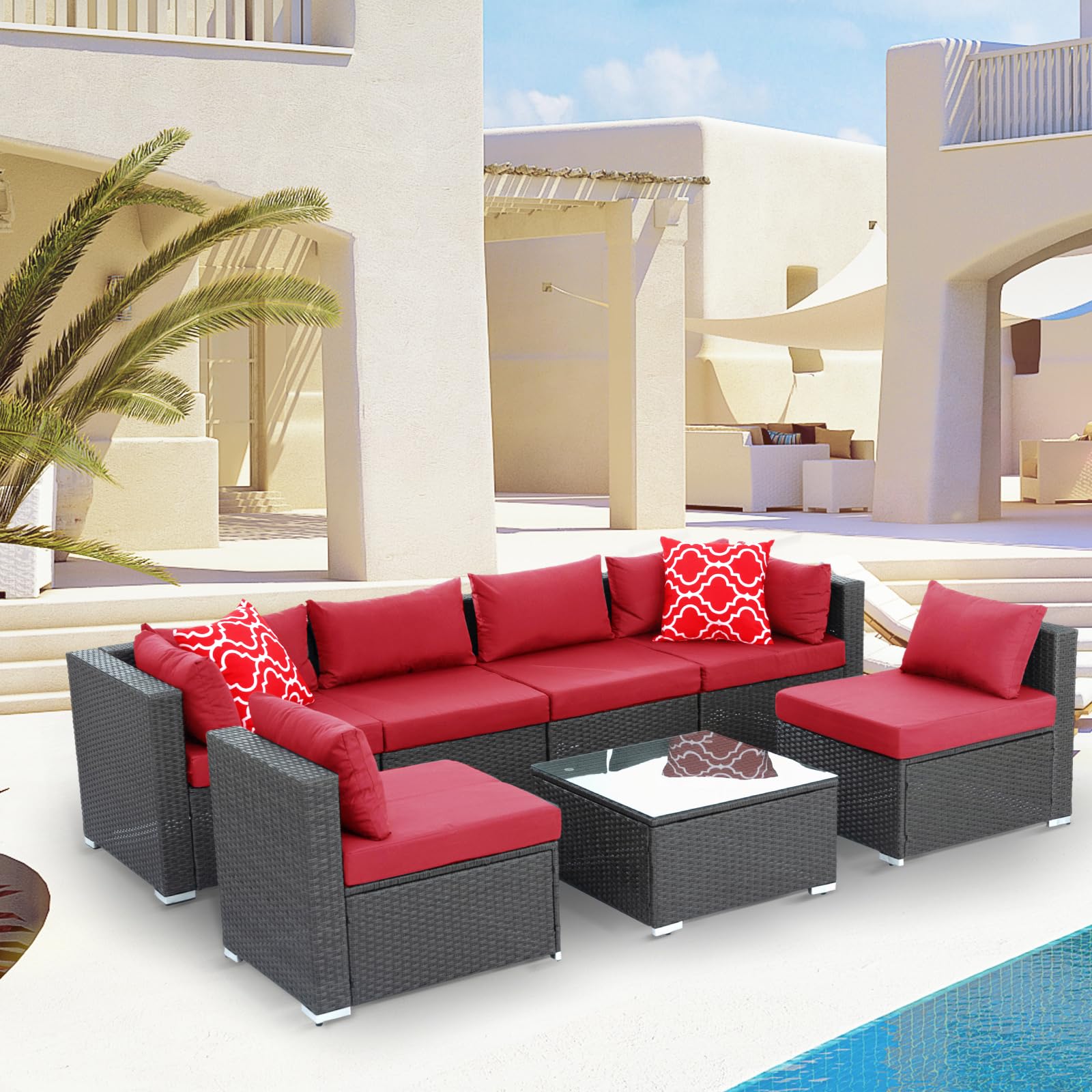 YIORTWO 7 Pieces Patio Furniture Set Conversation Furniture Sets, Outdoor Wicker Patio Sectional Furniture with Waterproof Cushions and Coffee Table for Backyard Lawn Garden Porch Poolside, Red