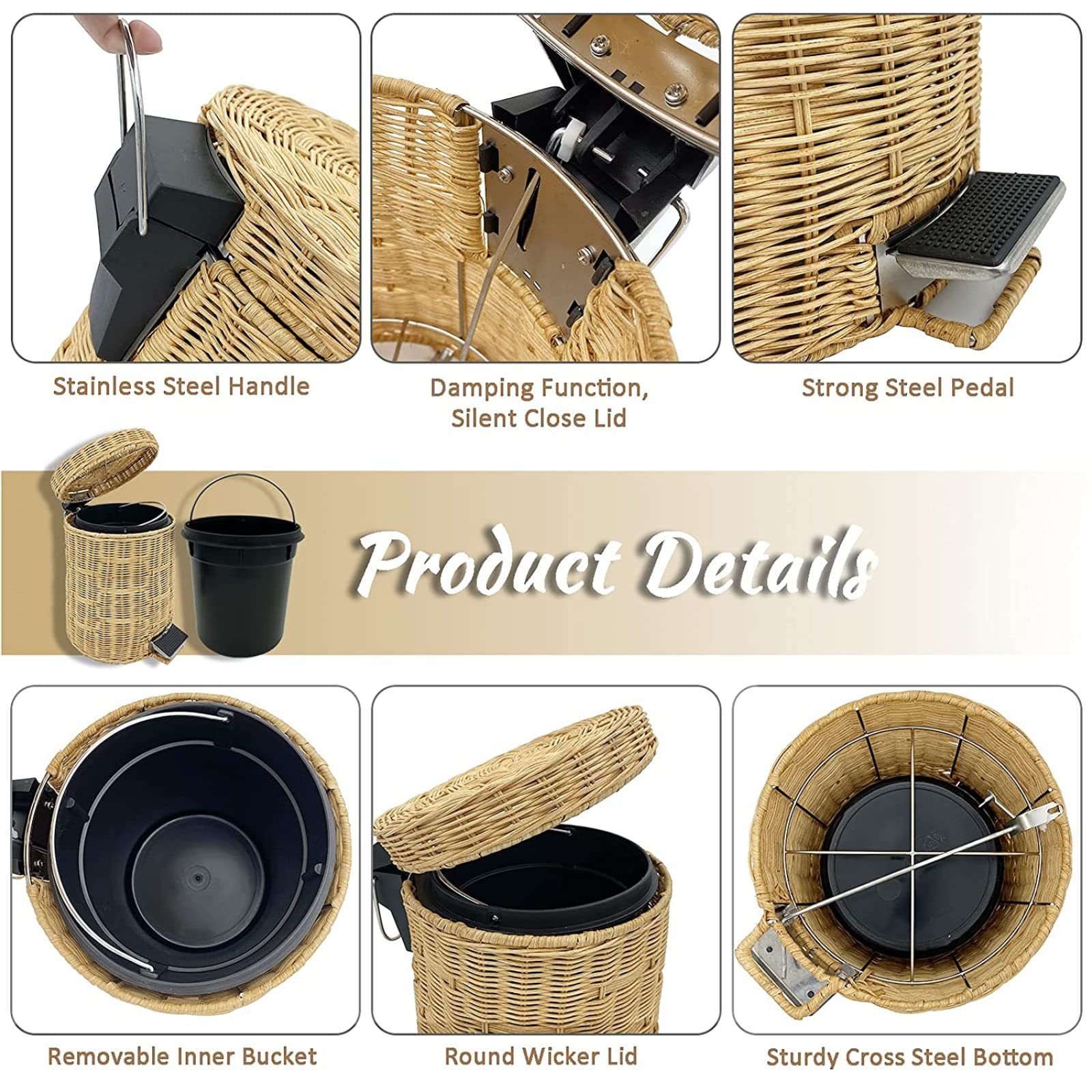 Round wicker dustbin with cover,hand woven foot type Trash Can,with Removable Inner Bucketseparated dustbin in office and living room, waste paper basket, slow-drop dustbin in kitchen and toilet