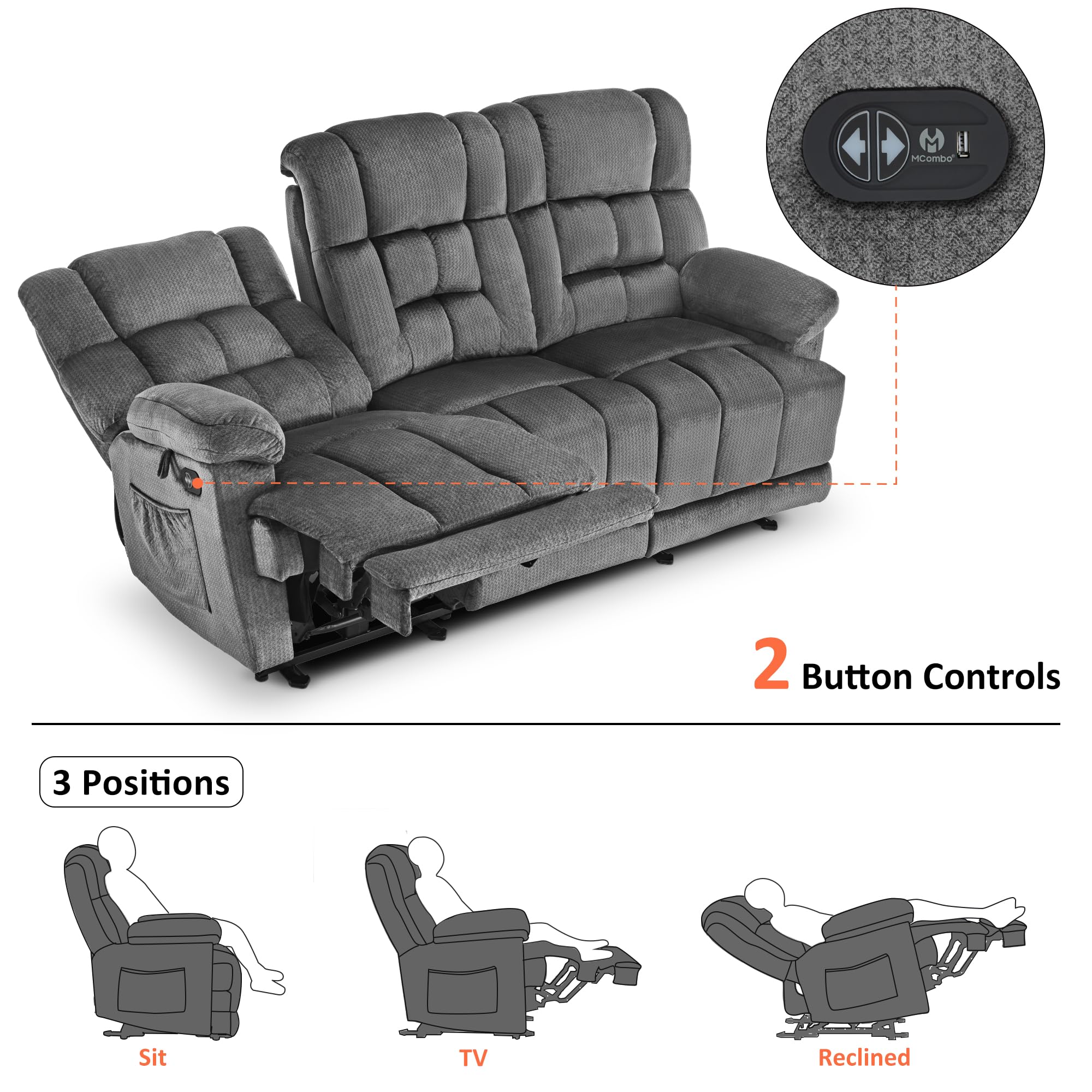 MCombo Power Reclining Sofa with Drop Down Table, Heat and Vibration, USB Ports, 3 Seat Dual Recliner Couch for Living Room RS6236 (Grey)