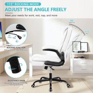 BestEra Office Chair, Executive Leather Chair Home Office Desk Chairs, Ergonomic Computer Desk Chair with Adjustable Flip-Up Arms, Lumber Support Swivel Task Chair with Rocking Function (White)