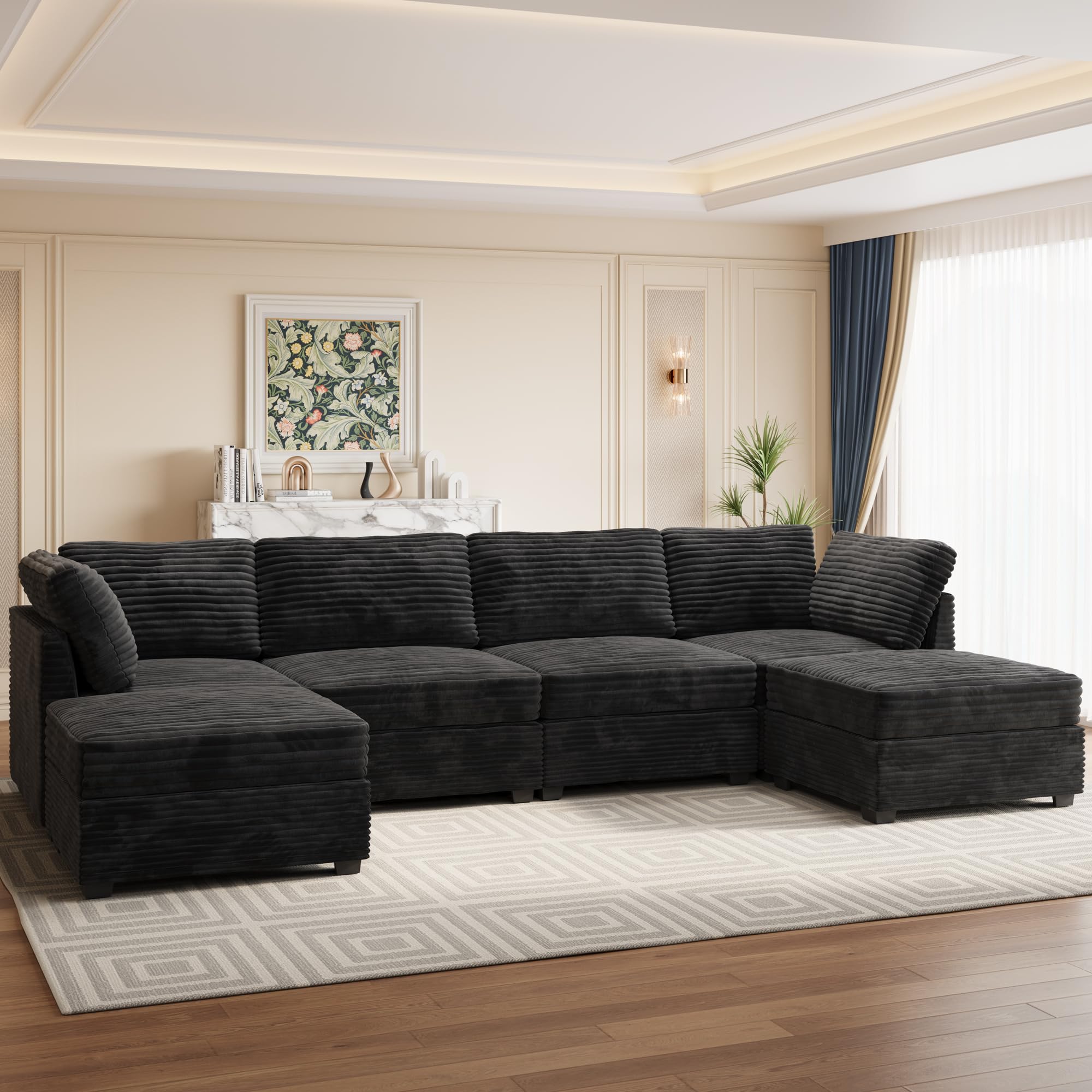 130'' Modern Modular Sectional Sofa with Movable Ottomans,4 Seats Cloud Comfort Corduroy Fluffy Couch,L Shaped Convertible Sofa Couch for Living Room,Black