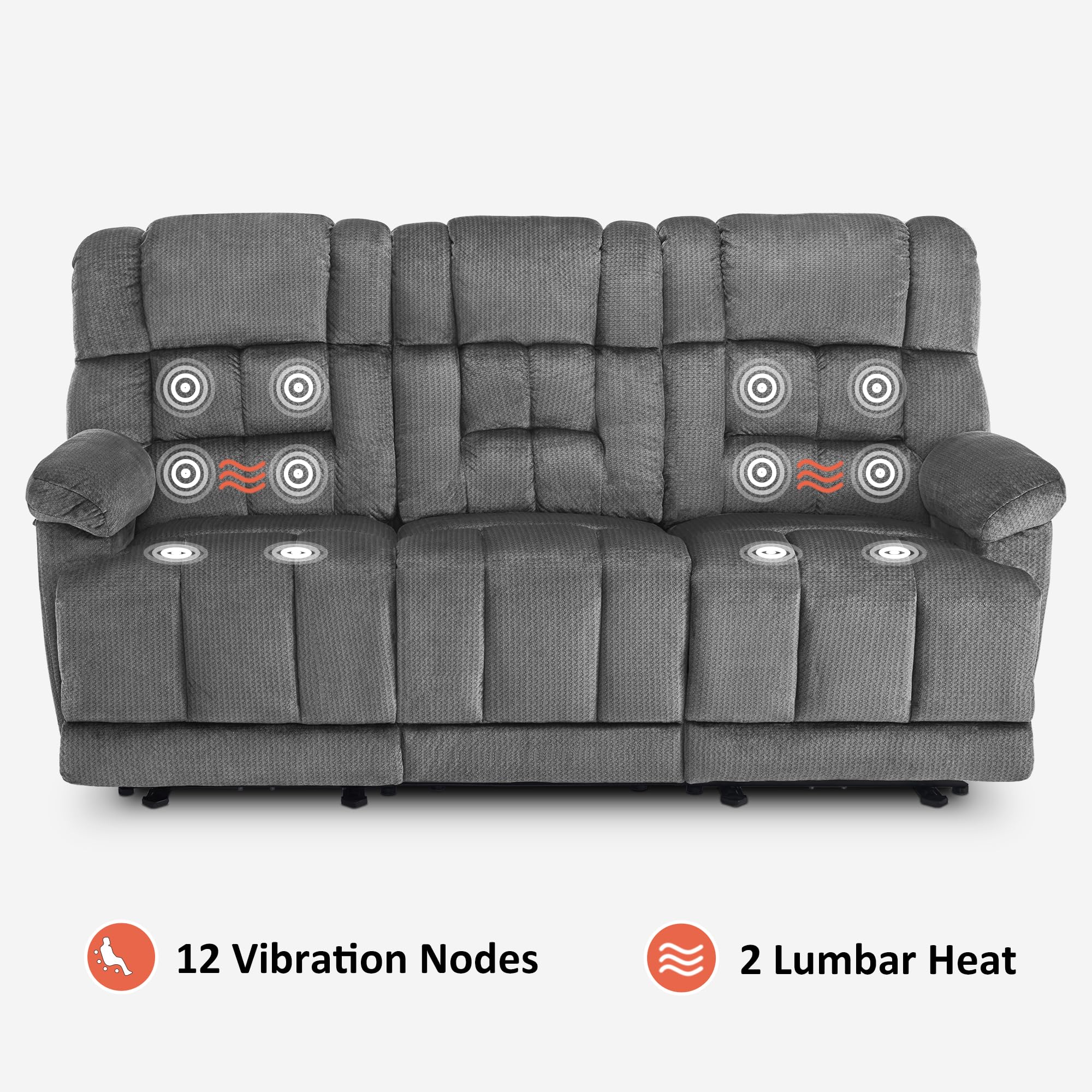 MCombo Power Reclining Sofa with Drop Down Table, Heat and Vibration, USB Ports, 3 Seat Dual Recliner Couch for Living Room RS6236 (Grey)