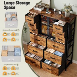 EnHomee Tall Dresser for Bedroom with 12 Drawer Dressers & Chests of Drawers for Closet with Power Outlets & LED Lights Large Dresser Organizer for Bedroom with Mesh Door, Rustic Brown