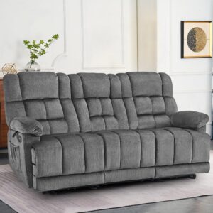 MCombo Power Reclining Sofa with Drop Down Table, Heat and Vibration, USB Ports, 3 Seat Dual Recliner Couch for Living Room RS6236 (Grey)